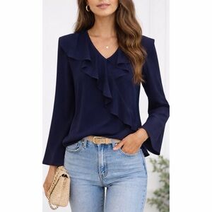LOFT • Navy Blue Ruffle Blouse Semi-Sheer Long Sleeve Size XS Petite (XSP)